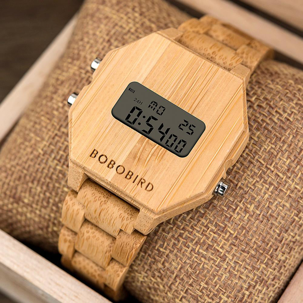 Bobo Bird Men's Bamboo Digital Wrist Watch Night Vision Lcd Unique Display